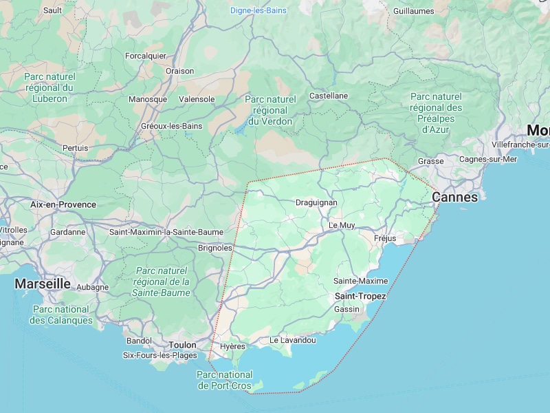Carte de la Provence et Côte d'Azur : de Marseille à Cannes Carte de la Provence et Côte d'Azur avec Marseille, Toulon, Cannes et zone délimitée autour de Saint-Tropez et Draguignan.