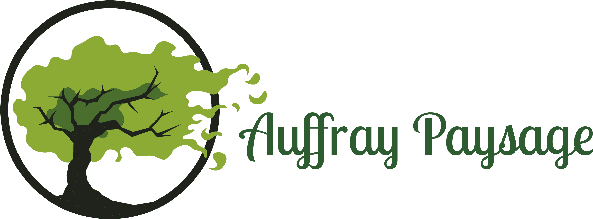 Logo Auffray Paysage avec un arbre vert stylisé s'échappant d'un cercle noir, évoquant l'aménagement de jardins.