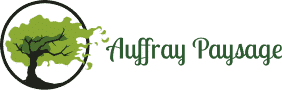 Logo Auffray Paysage - Paysagiste expert en aménagement Logo Auffray Paysage avec un arbre vert stylisé dans un cercle noir et typographie cursive élégante verte.