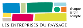 Logo Les Entreprises du Paysage avec formes géométriques colorées et slogan chaque jardin compte.
