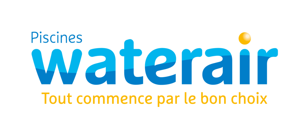 Logo Piscines Waterair bleu et jaune avec le slogan Tout commence par le bon choix.