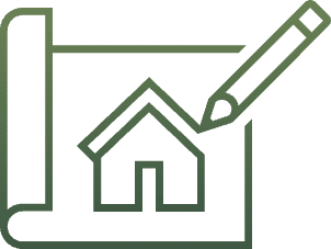 Plan de Maison et Architecture : Icône de Conception Icône de plan architectural vert avec dessin de maison et crayon pour conception de projet immobilier.